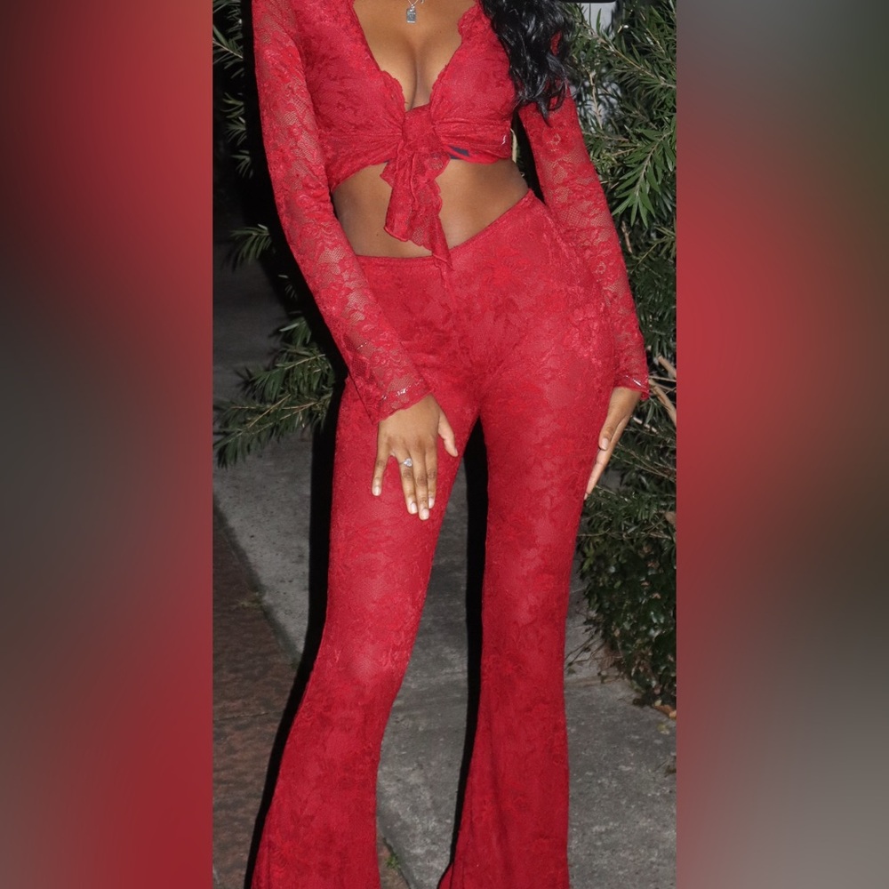 Red Lace Flare Pants - Women's Stylish High-Waist Trousers